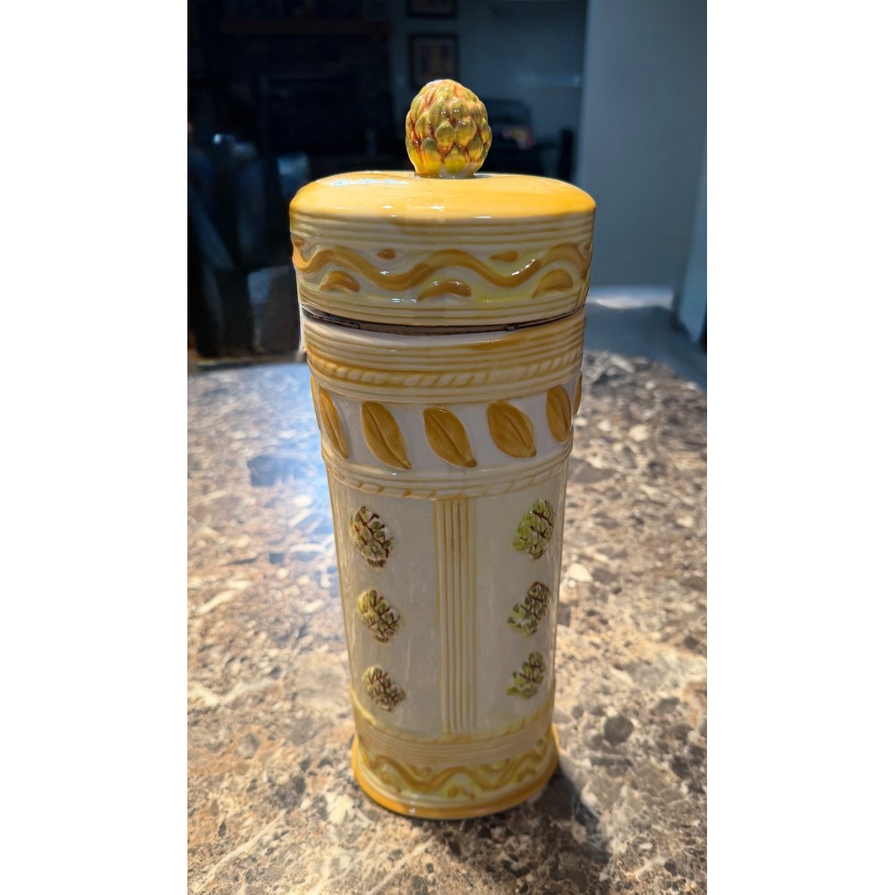 Tuscan Style Ceramic Artichoke Spaghetti Canister Yellow Cream Tall Pasta Jar